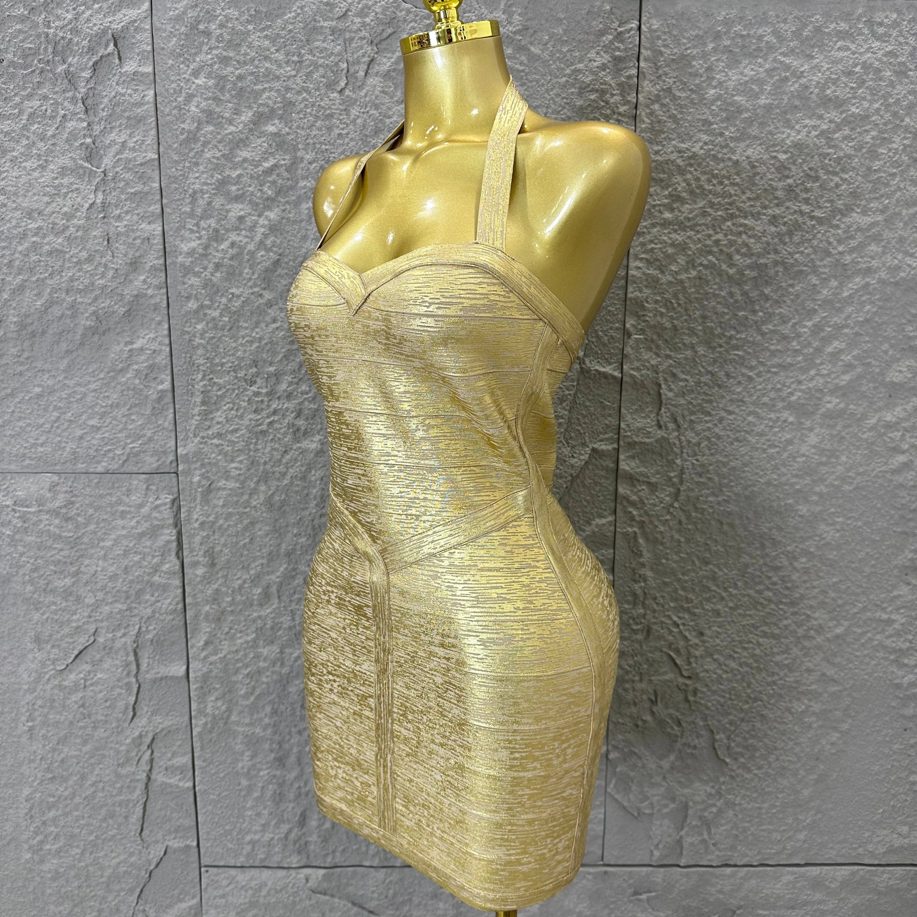 Elegant Gold Metallic Bandage Mini Dress Women Halter Neck Sweetheart Bodycon Formal Event Cocktail Party Costume