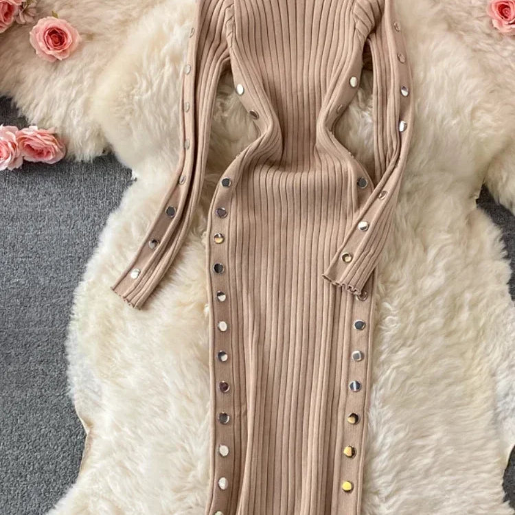 Winter Women's Knitted Sweater Dresses O-Neck Long Sleeve Slim Side Double Row Buckle Hip Wrap Dress Ladies Sheath Dress Autumn khaki One Size