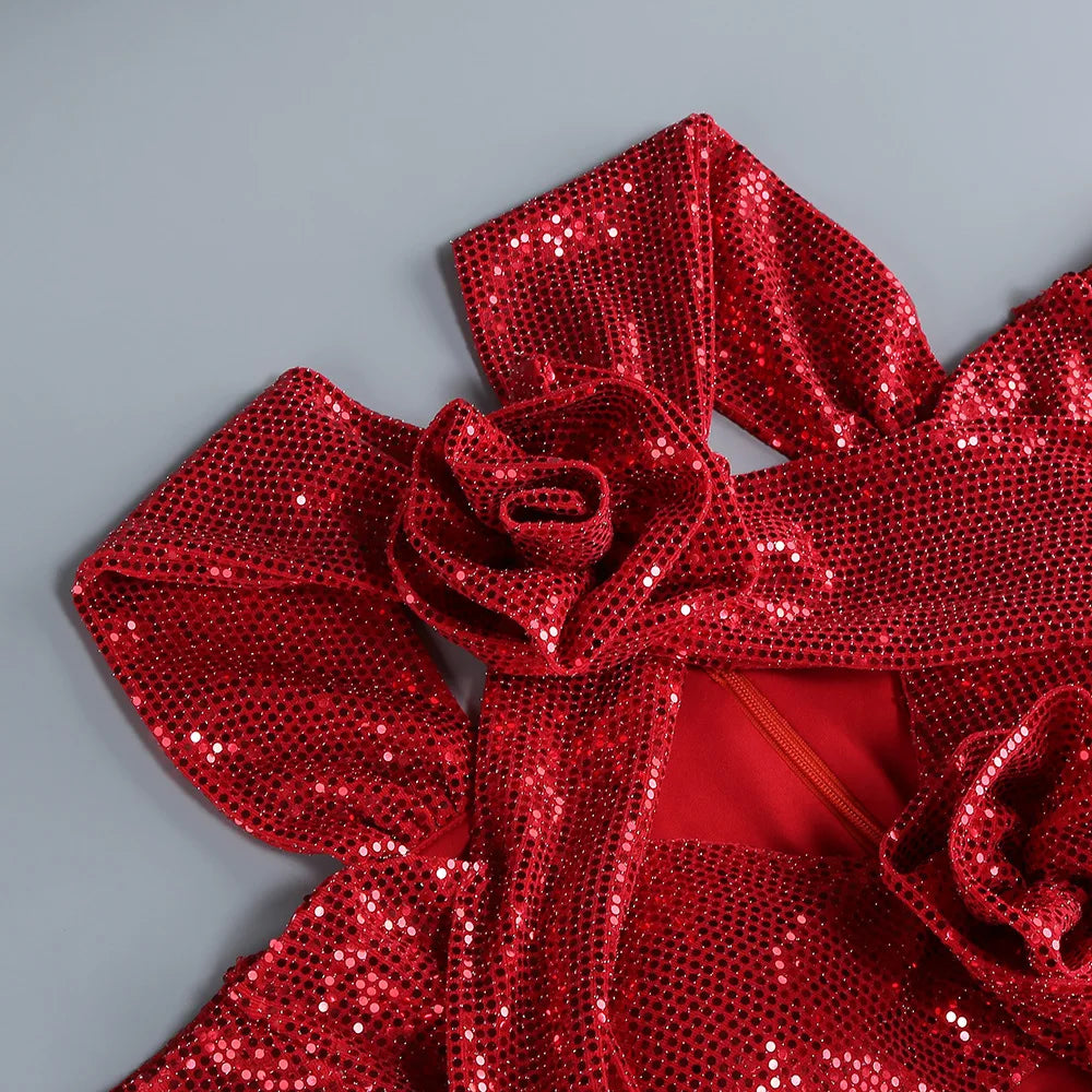 2024 New Autumn Red Color Shinning Sequins Women Long Sleeve Sexy Halter Bodycon Long Dress Florals Wedding Mermaid Party Dress