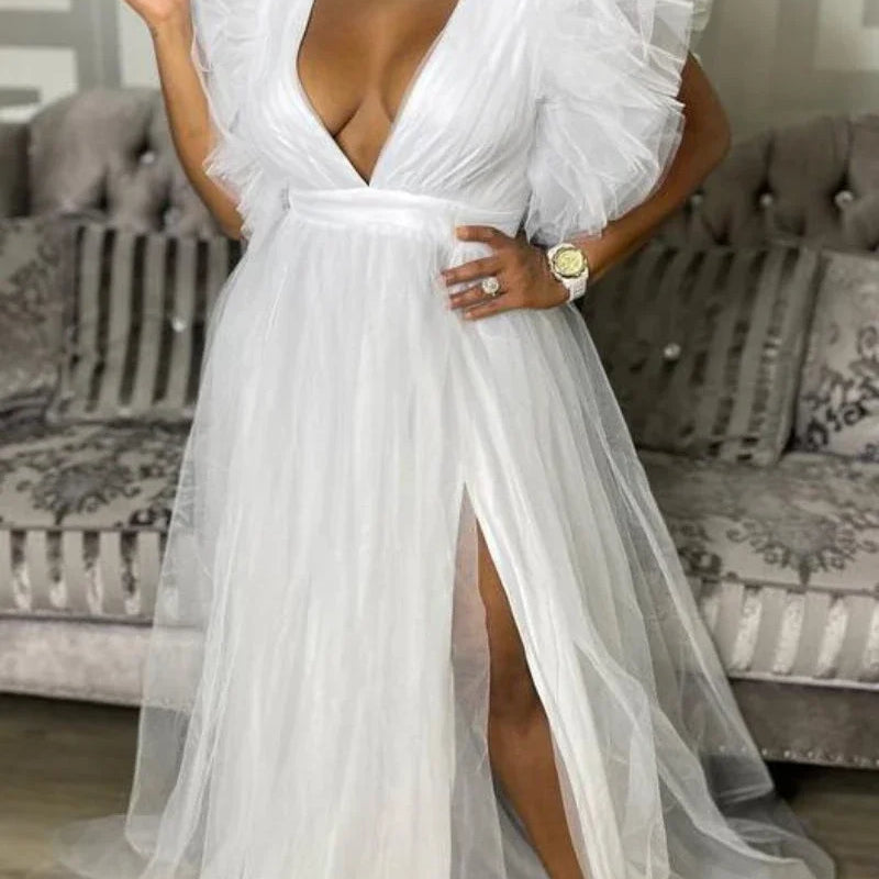 Women Cascading Ruffles Shoulder High Side Split Mesh Patchwork Maxi Long Dress 2023 sexy even Party Vestidos Dresses