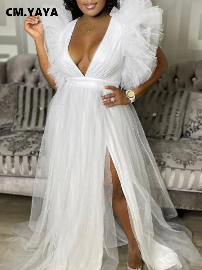 Women Cascading Ruffles Shoulder High Side Split Mesh Patchwork Maxi Long Dress 2023 sexy even Party Vestidos Dresses