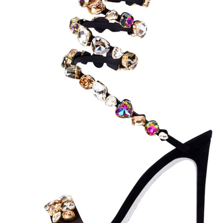 Summer New Colored Diamond Women's High Heel Sandals Water Diamond Fashion Silver Sole Party Party Party High Heel Shoes 10CM color drill