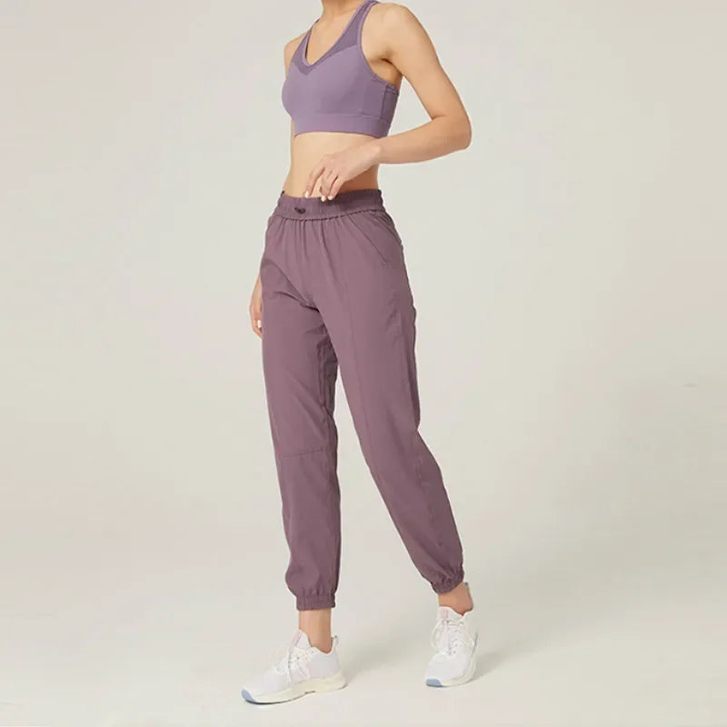 Fabric Drawstring Running Sport Joggers Women Quick Dry Athletic Gym Fitness Sweatpants with Two Side Pockets Exercise Pants Purple 1