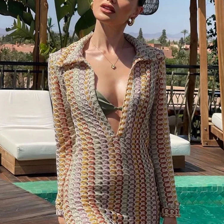 WeiYao Handmade Crochet Multi-color Hollow Out Split Maxi Dress for Women Deep V Long Sleeve Elegant Bohemian Sexy Bodycon Dress