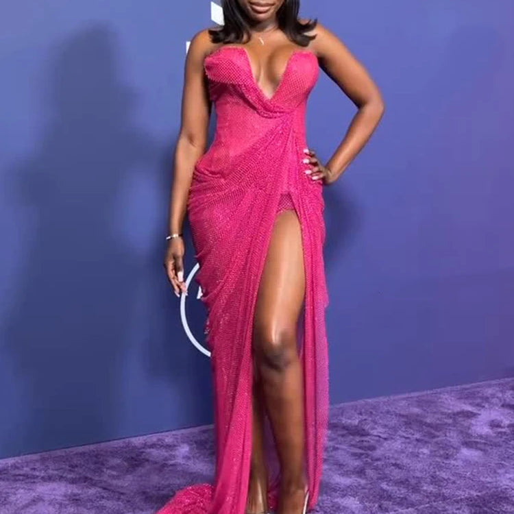 Hot Pink Strapless Sleeveless V-Neck Dress with Slit for Parties Evening Gown