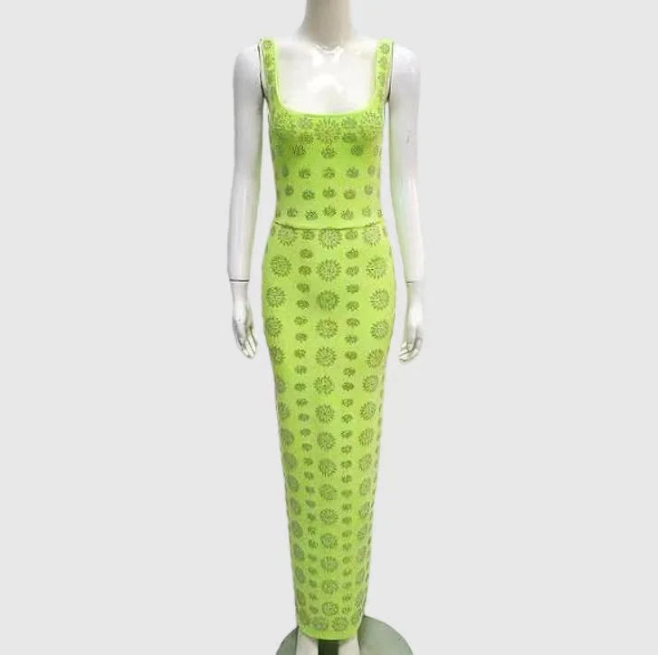2024 New Summer High Qulity Sparkling Diamonds Sleeveless Package Hips Ankle Lenght Bandage Dress Elegant Woman Evening Dress green
