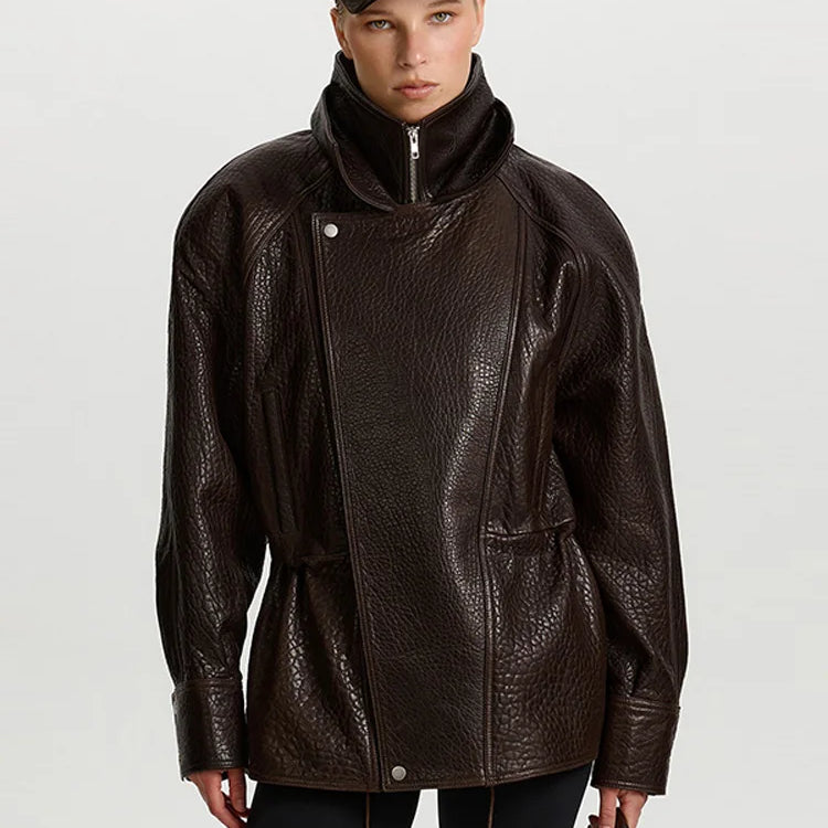 2025 Women Faux Leather Jacket Zipper Stand Collar Long Sleeve Loose Coat Fashion Autumn Winter Lady Thick Warm Outwear