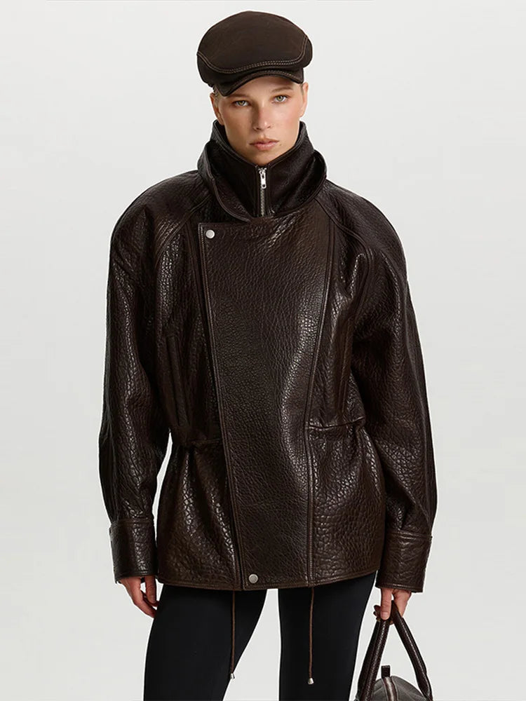 2025 Women Faux Leather Jacket Zipper Stand Collar Long Sleeve Loose Coat Fashion Autumn Winter Lady Thick Warm Outwear