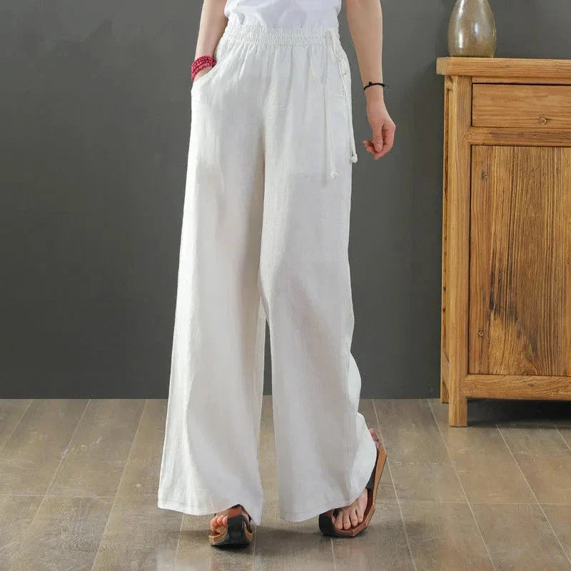 Cotton Linen Wide Leg Pants 4xl Big Size Trousers Women Summer Elastic Waist Casual Ankle-length Pantalones Baggy Sweatpant white