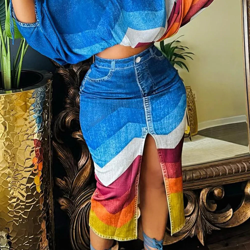 Plus Size Daily Blue Colorblock Round Neck Half Sleeve Split Denim Two Piece Skirt Sets Blue