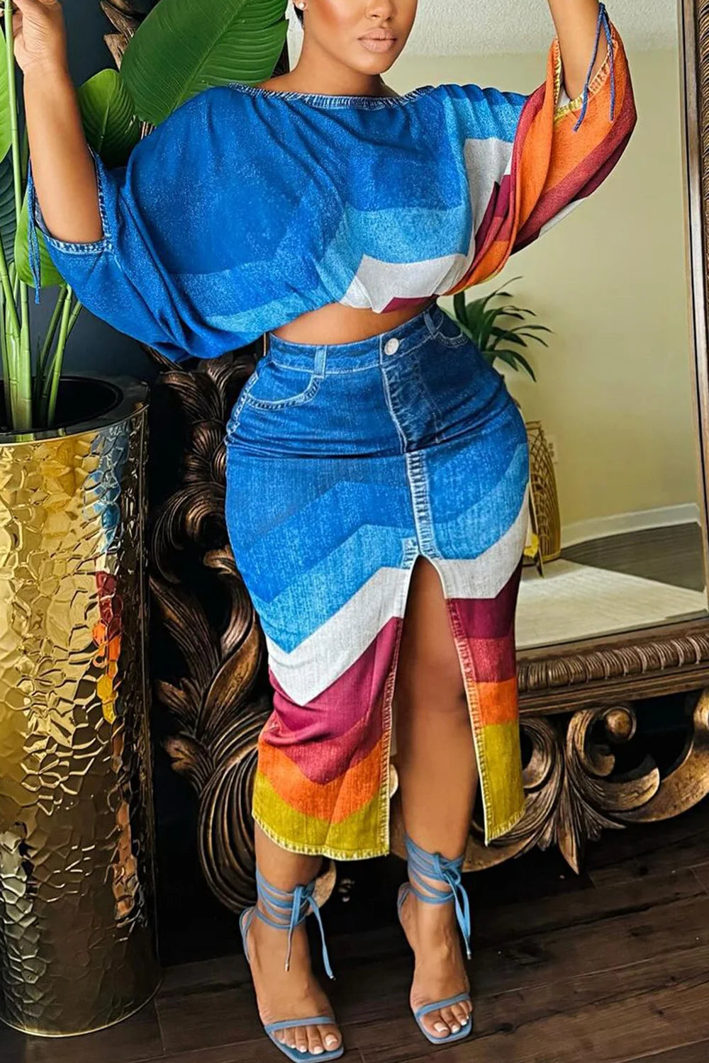 Plus Size Daily Blue Colorblock Round Neck Half Sleeve Split Denim Two Piece Skirt Sets Blue