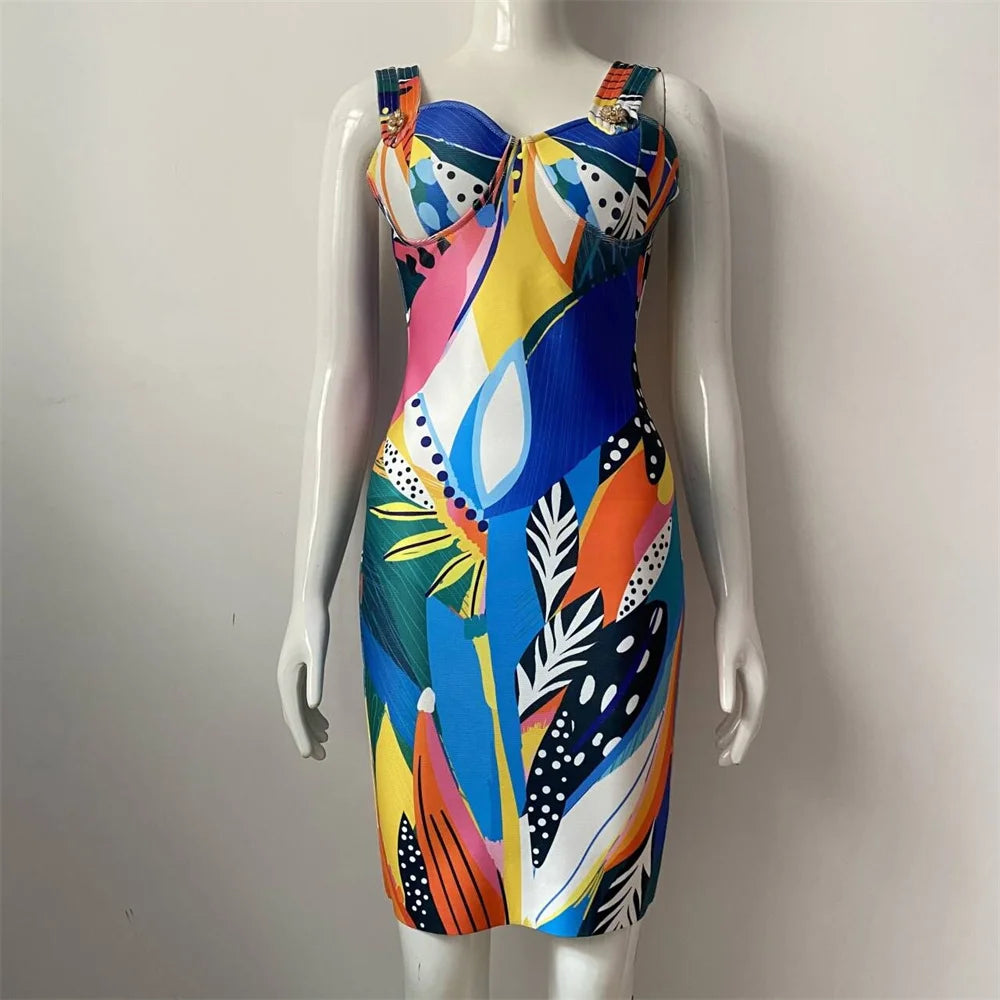 Women Sleeveless Sexy Square Collar Colorful Print Bodycon Mini Bandage Dress Nightclub Party Birthday Dress