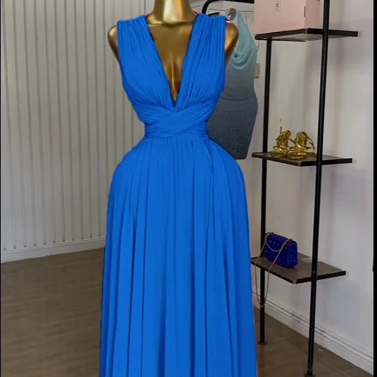 CM.YAYA Women Sleeveless Cutout Back Wrap V-neck Pleated A-line Chiffon Maxi Long Dress Birthday Vacation Sexy Party Dresses