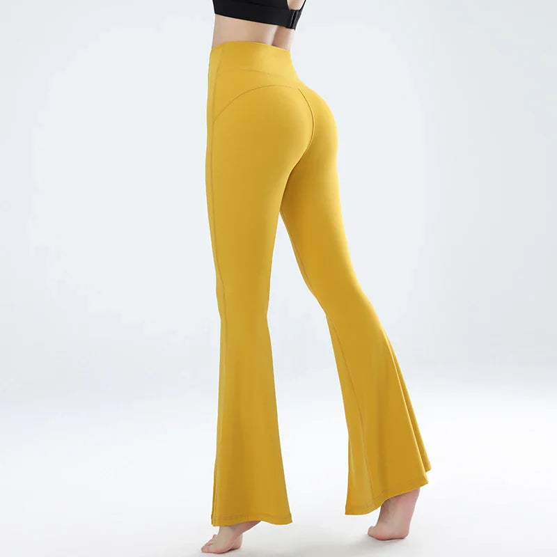 Women's Sports Fitness Pants High Elastic Yoga Pants Flared Pants Beautiful Legs Bottoms High Elastic Fashion Long Pants Yellow