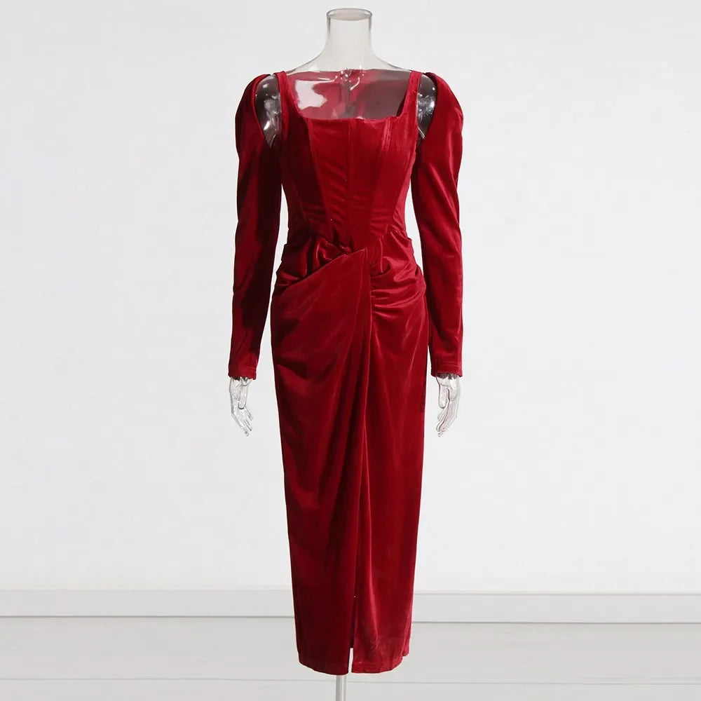 Solid Patchwork Folds Elegant Dresses For Women Square Collar Long Sleeve High Waist Split Slimming Dress Female WINERED