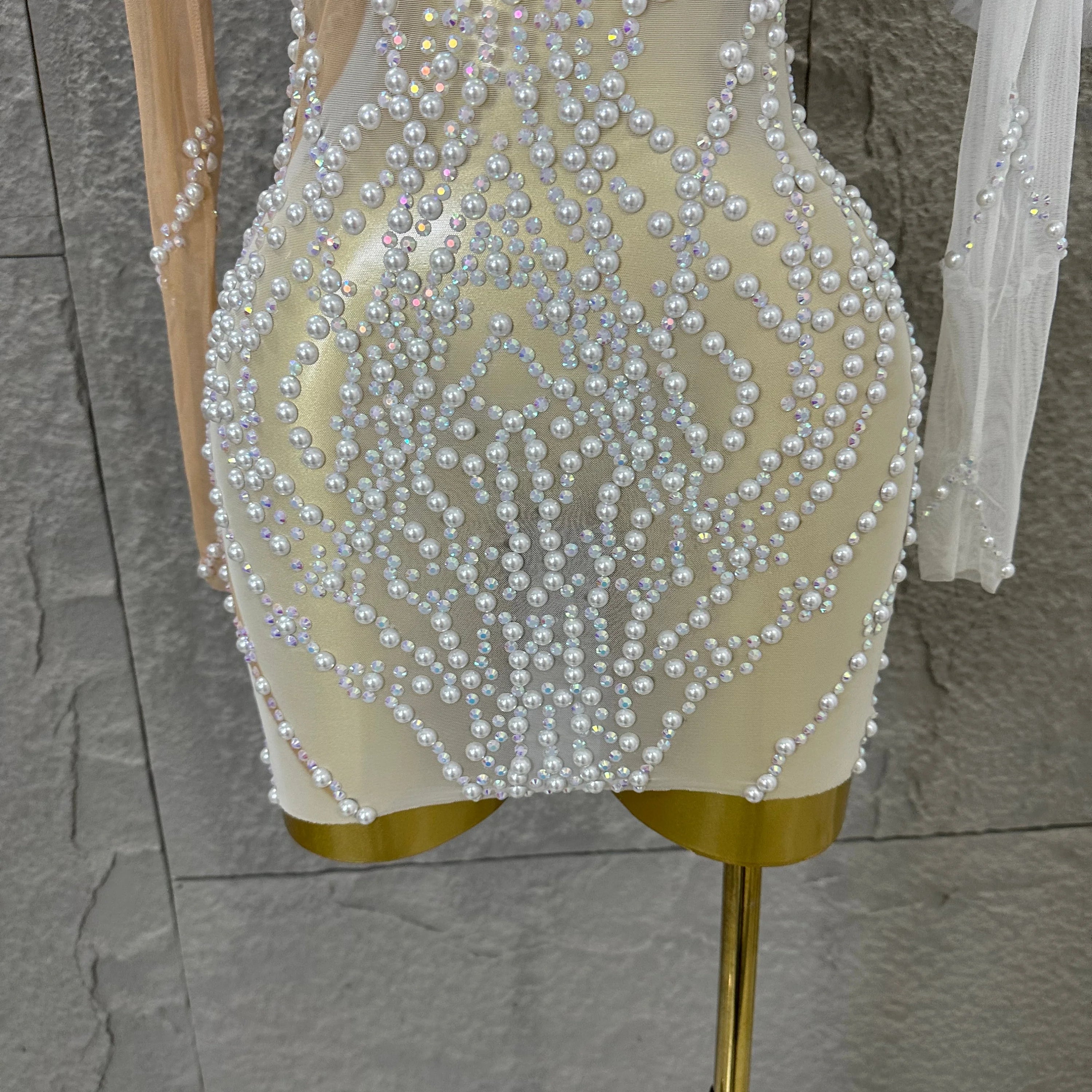 Luxurious Nude Sheer Mesh Mini Dress Women One-Shoulder Pearl Beaded Ruffle Tulle Bodycon Evening Costume