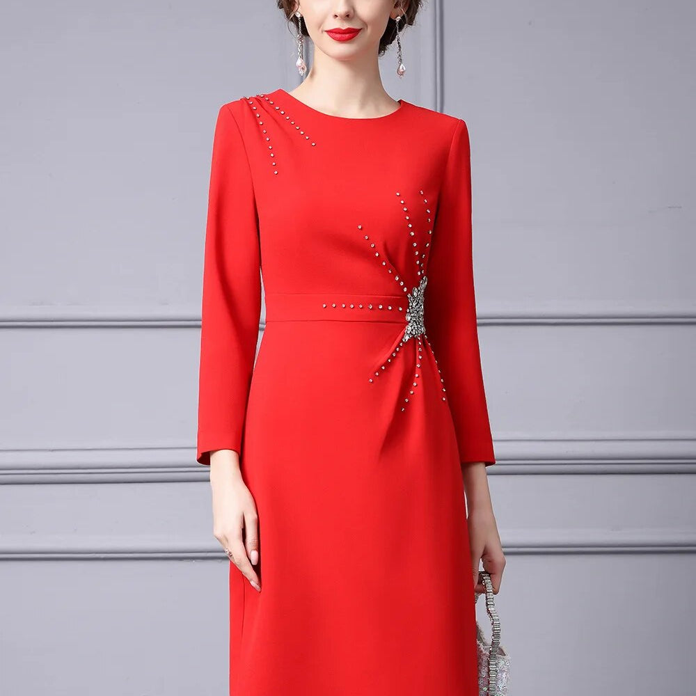ZJYT Autumn Luxury Diamonds Party Formal Occasion Dresses for Women 2024 Elegant Christmas Red Cocktail Vestidos Fiesta Robe red