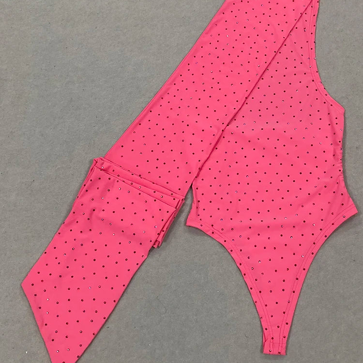 Elegant Sleeveless Halter Ribbon Ruched Details Backless Body Suit With Beaded Maxi Long Skirt Two Pieces Set Casual Wearing