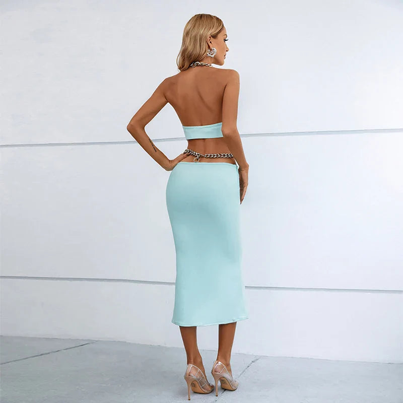 Women Sexy Hlater Off the Shoulder Bodycon Mid-calf Dress Rayon Bandage Sexy Backless Celebrate TV Show Costume