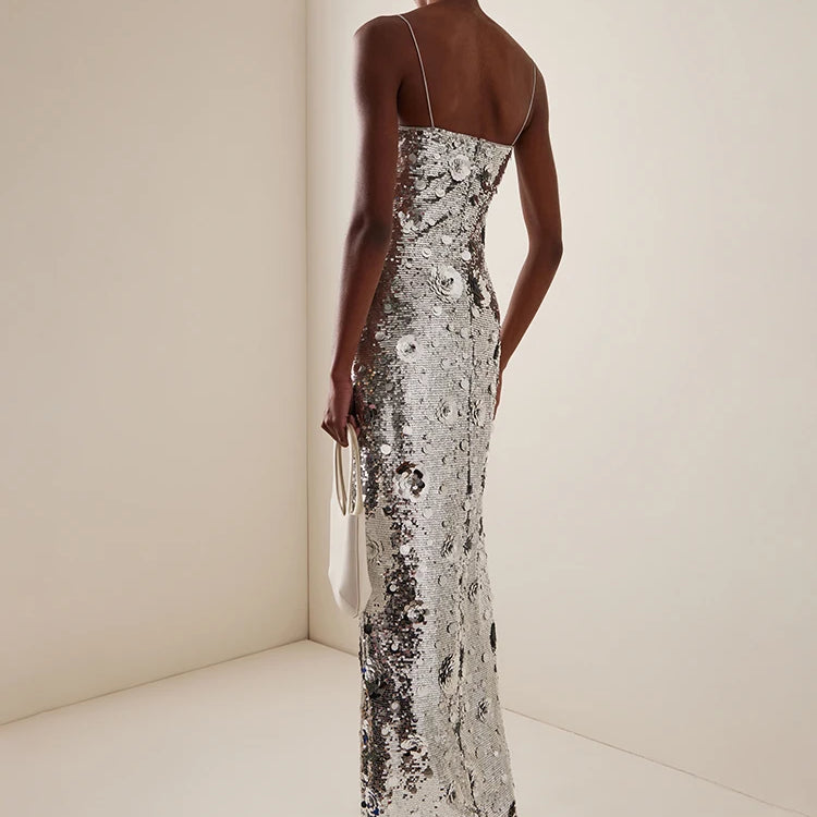 Women's Elegant Silver Sequins Slip Long Dress Sleeveless 3D Flowers Embellished Cocktail Party Evening Gown