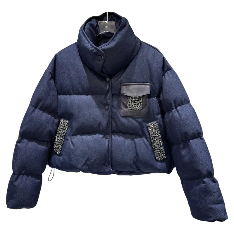 Winter New Fashion Heavy Industry Rhinestone Beaded Stand Collar Warm Jacket For Women Cotton-padded Coat 11A07467