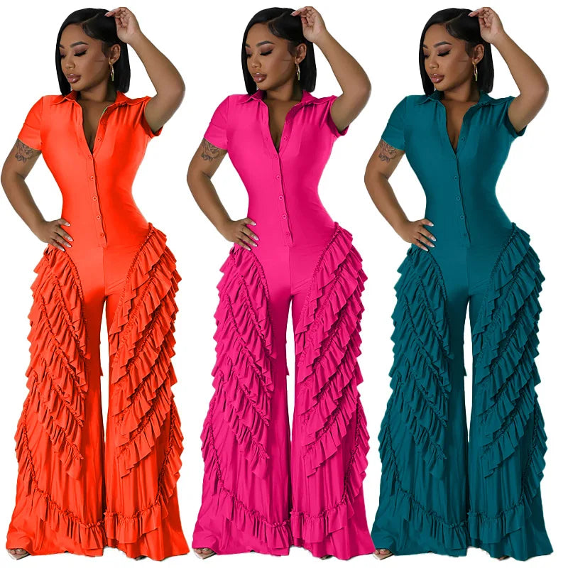 Fashion Women Mult Ruffles Short Sleeve Zipper Fly Wide Leg Shirt Jumpsuit 2024 Streetwear Romper One Piece Set Playsuit
