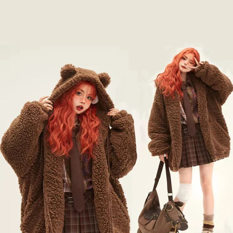 Lautaro-Kawaii Faux Fur Hoodie with Bear Ears for Women, Fluffy Sherpa Jacket, Oversized, Brown, Warm, Fuzzy, Sweet, Cute, Winte