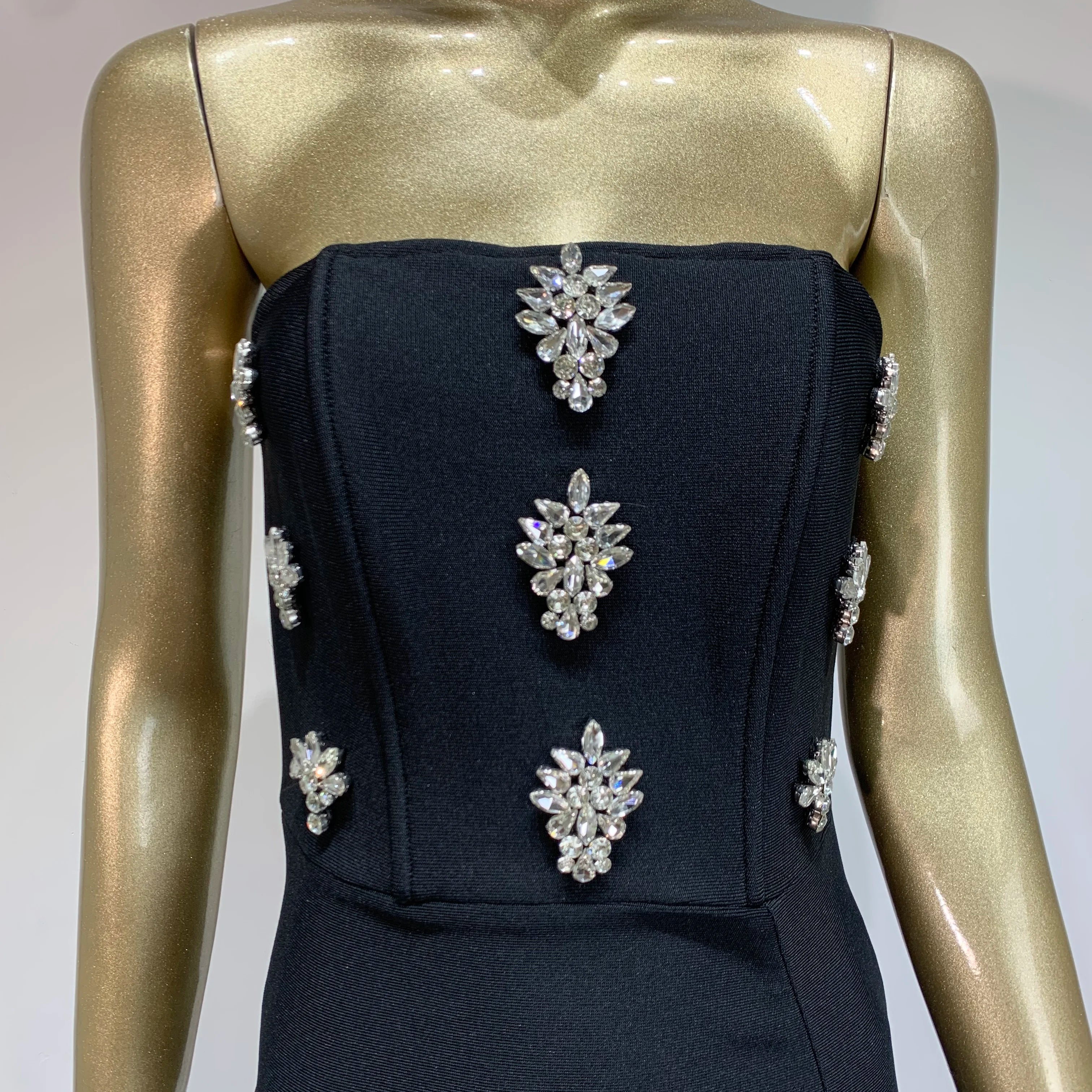 Women Celebrity Sexy Strapless Backless Diamonds Black Maxi Long Bodycon Bandage Dress 2024 Elegant Evening Club Party Outfit