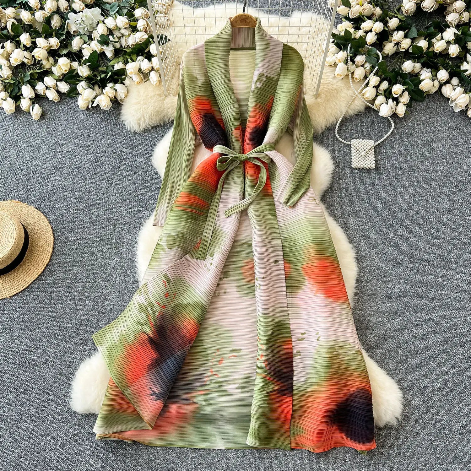 XFPV Elegant Style Long Sleeve Lapel Waist Cinching Strap Pleated Print Dress Vestidos For Women Y2k Korean Fashion Autumn 2024 Light Green One Size