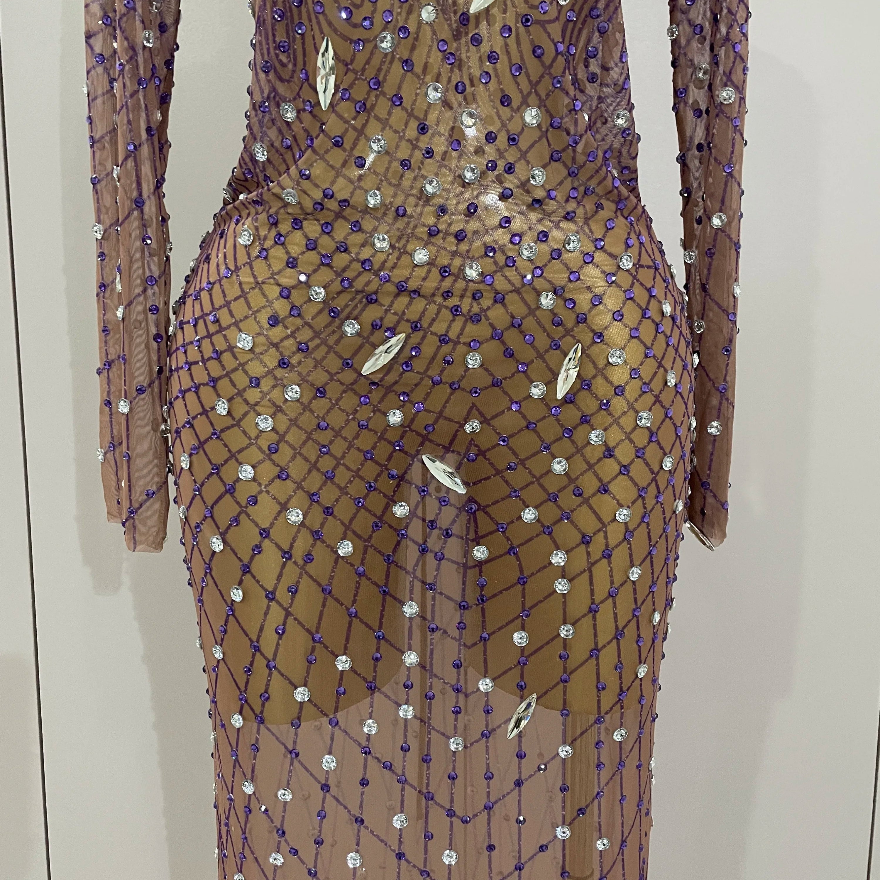 Shining Rhinestones Sexy Mesh See Through Long Dress Women Birthday Celebrate Evening Singer Show Stage Wear Photo Shoot Dress