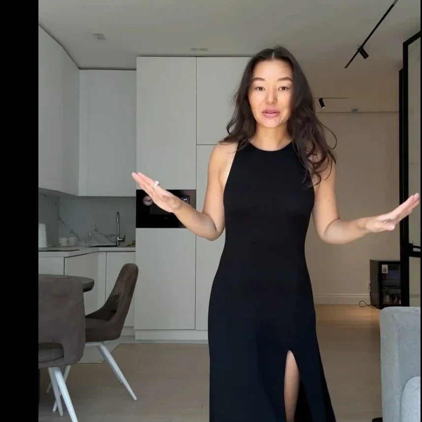 Hirsionsan Sleeveless Autumn Winter Skinny Split Sweater Dresses Women Soft Elegant Solid Knit Dress Female New Clothing