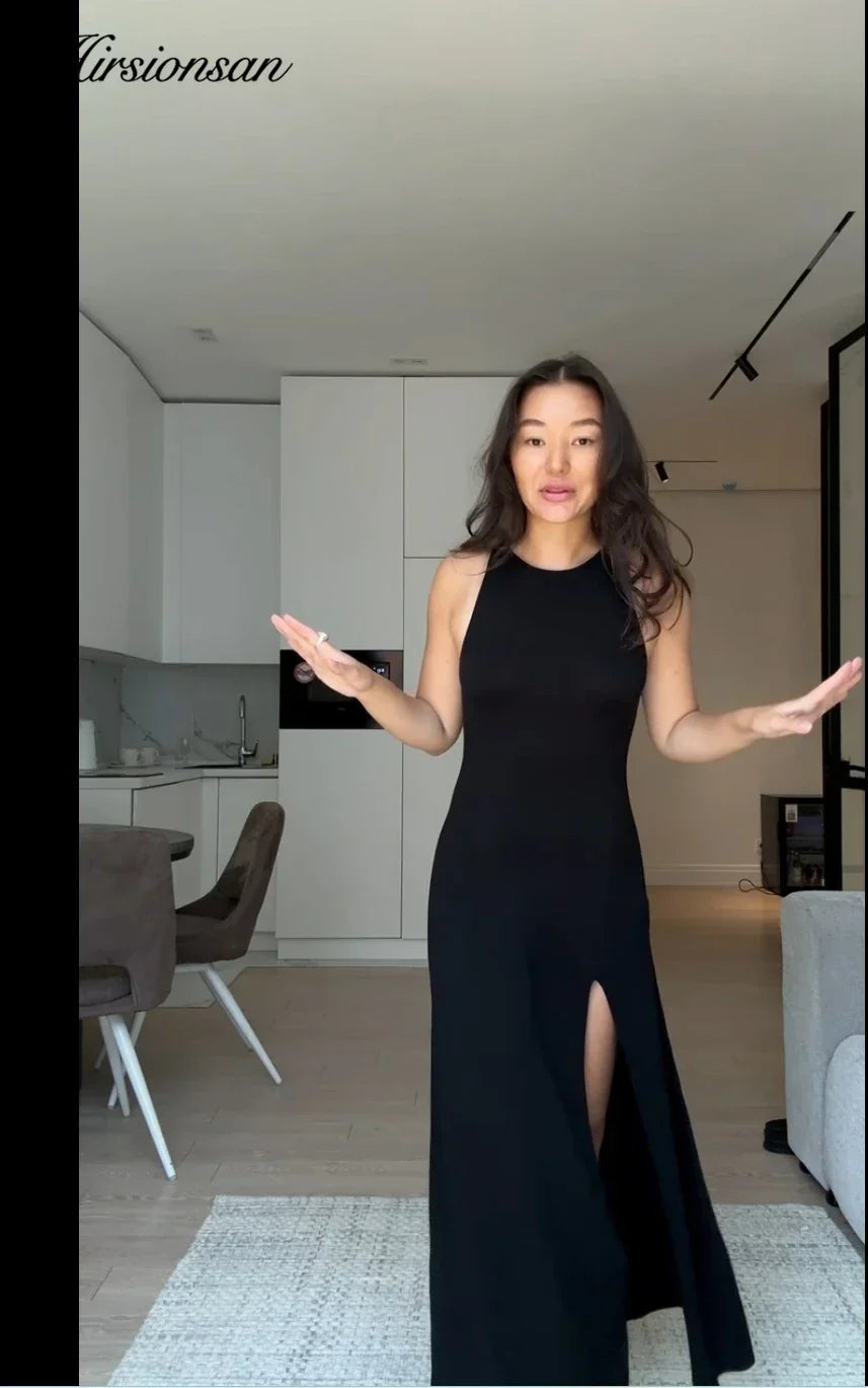 Hirsionsan Sleeveless Autumn Winter Skinny Split Sweater Dresses Women Soft Elegant Solid Knit Dress Female New Clothing