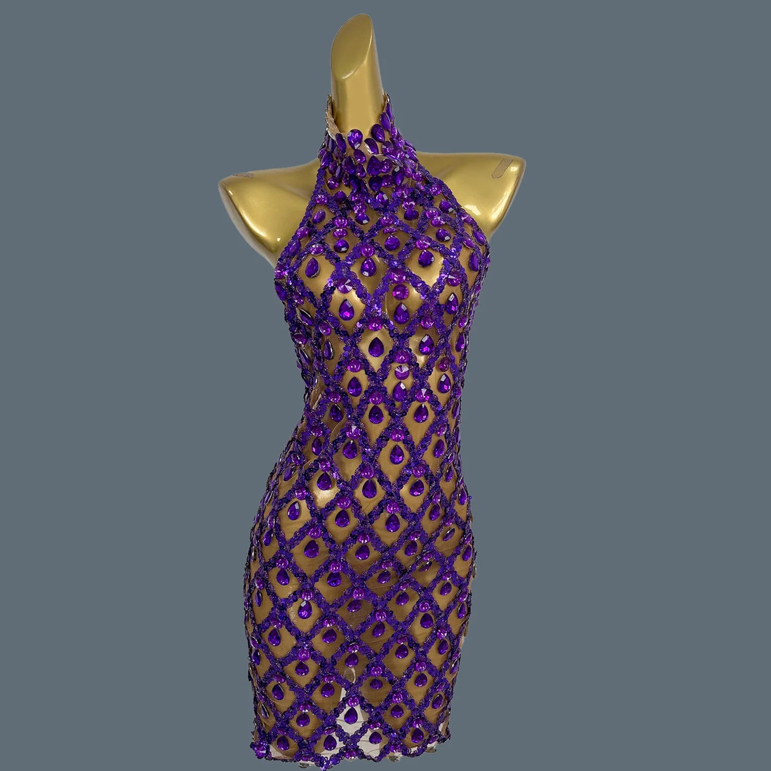 Sparkly Sequins Crystals Summer Mini Dress Sexy Sleeveless See Through Mesh Women Party Dress Event Singer Show Wear Shaokaojia purple One Size