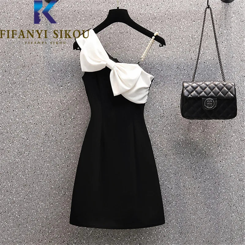 Black Sexy Strap Dress Women Bowknot Fashion Sleeveless High Waist Short Dress Diagonal Collar Elegant Summer Dress Female