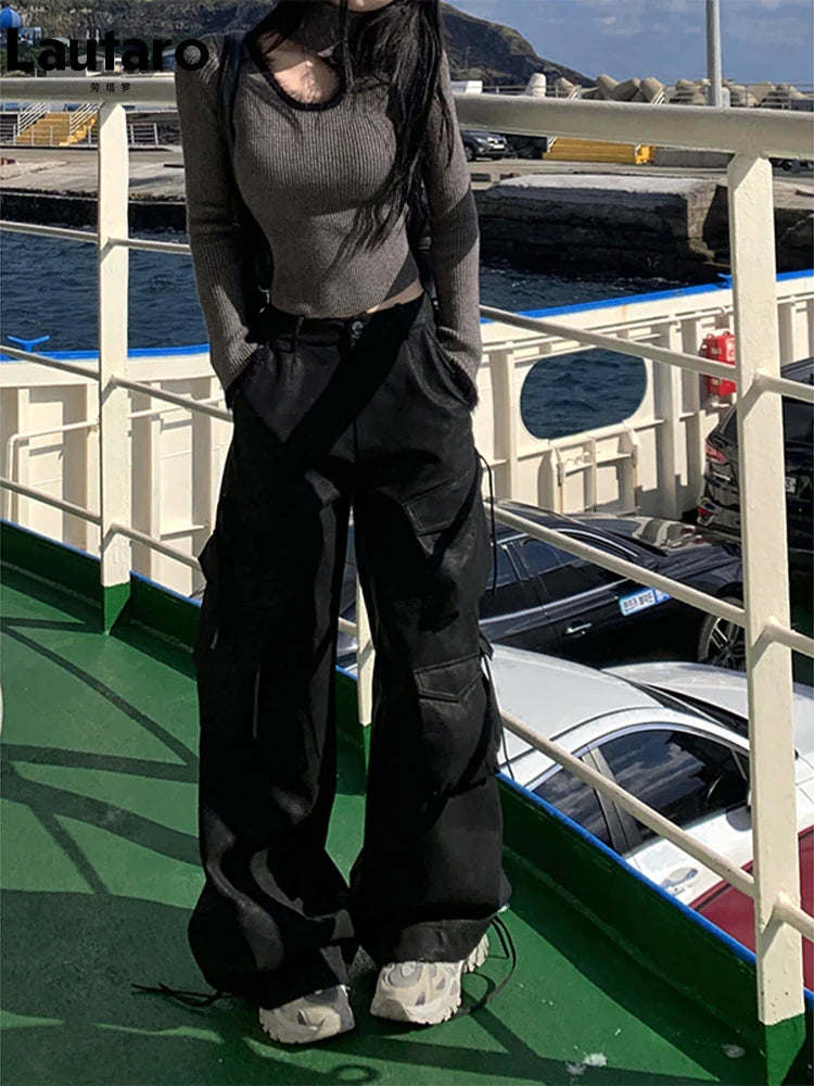 Spring Autumn Cool Handsome Baggy Black Pu Leather Straight Cargo Pants for Women Many Pockets Luxury Designer Clothes