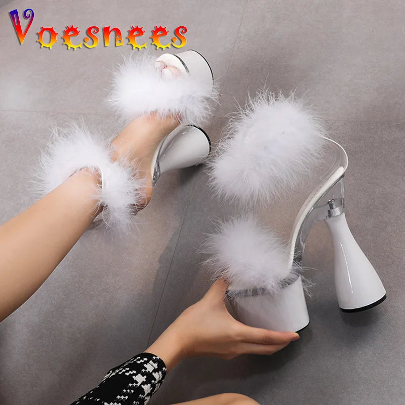 Women's 17.5CM Ultra High Heel Black White Red Platform Sandals Summer Fashion Furry Open Toe Nightclub Stage Round Heels Shoes