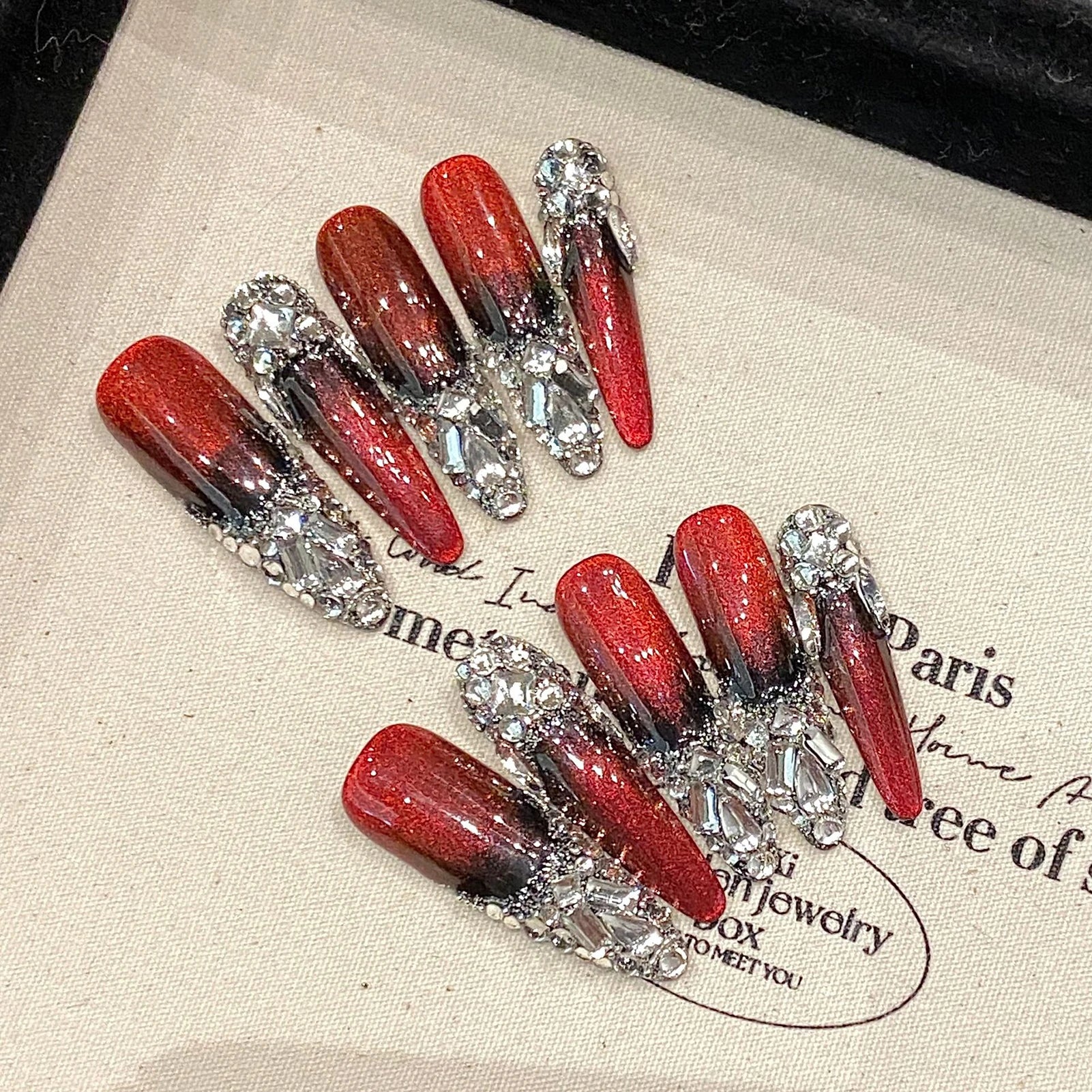 10pcs Wine-red Super Long Almond False Nails Handmade Full Shiny Diamond French Press On Nails Glossy Cat's Eye Luxury Fake Nail