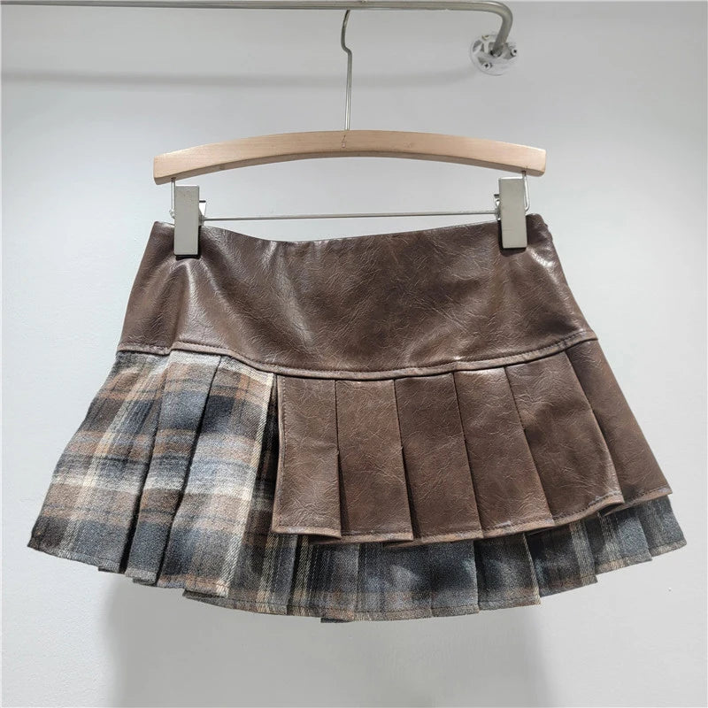 DEAT 2026 Spring New Fashion Fake Two-Piece PU Leather Patchwork Pleated Short Skirt For Women Side Zipper Skirts 11A07885