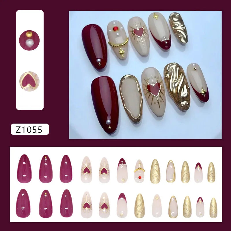 24pcs French Almond Press on Nails Retro Green Cat Eye Fake Nail Tips Detachable Wearable Sweet Cool Spice Girl False Nails 3