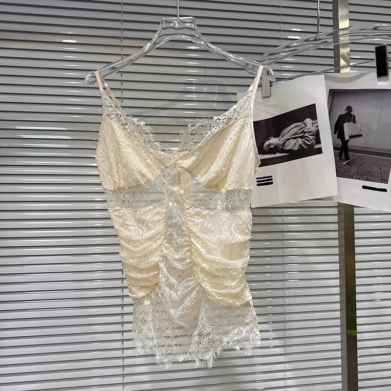 Winter New Fashion Lace See-through Patchwork Zipper Design Camisole For Women Versatile Backless Tank Top 11A07482 Apricot One Size