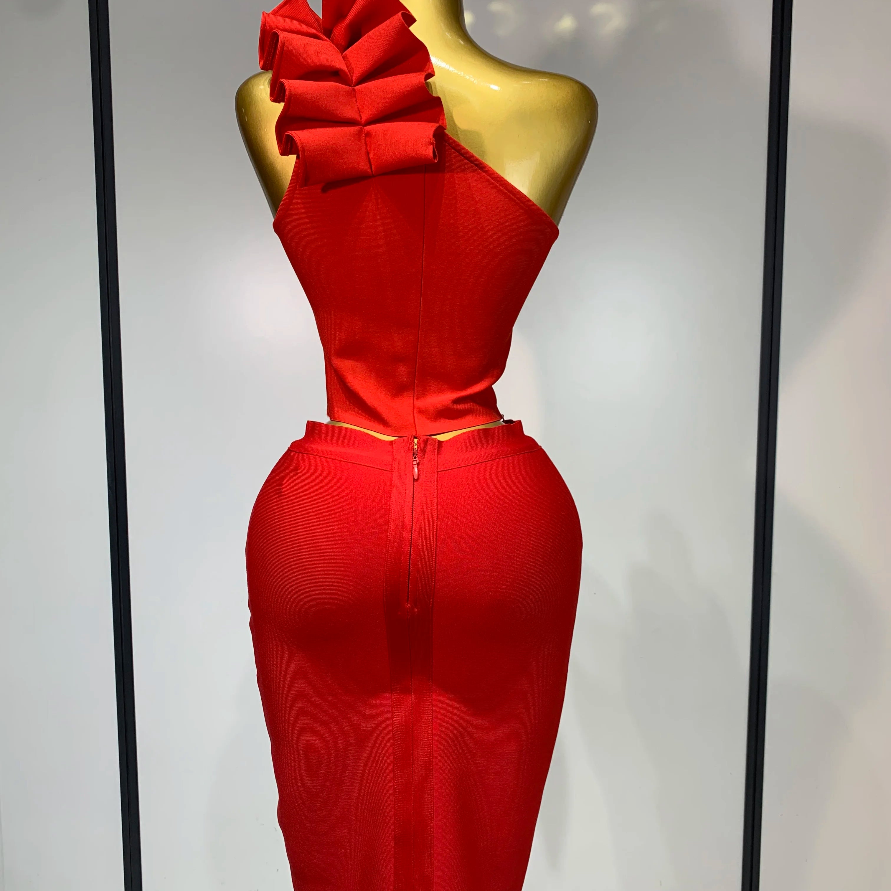 Women Sexy Sleeveless Ruffles One Shoulder Bandage Two Piece Set Fancy Club Evening Celebrity Elegant Party Bodycon Vestidos
