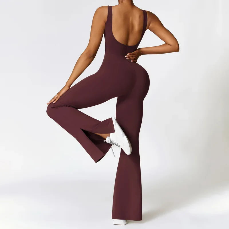 Woman Gym Outfits Fashion Seamless Sporty Jumpsuit With Flare Pants One Piece Yoga Dance Jumpsuit Female Fitness Sport Overalls 1-Wine Red