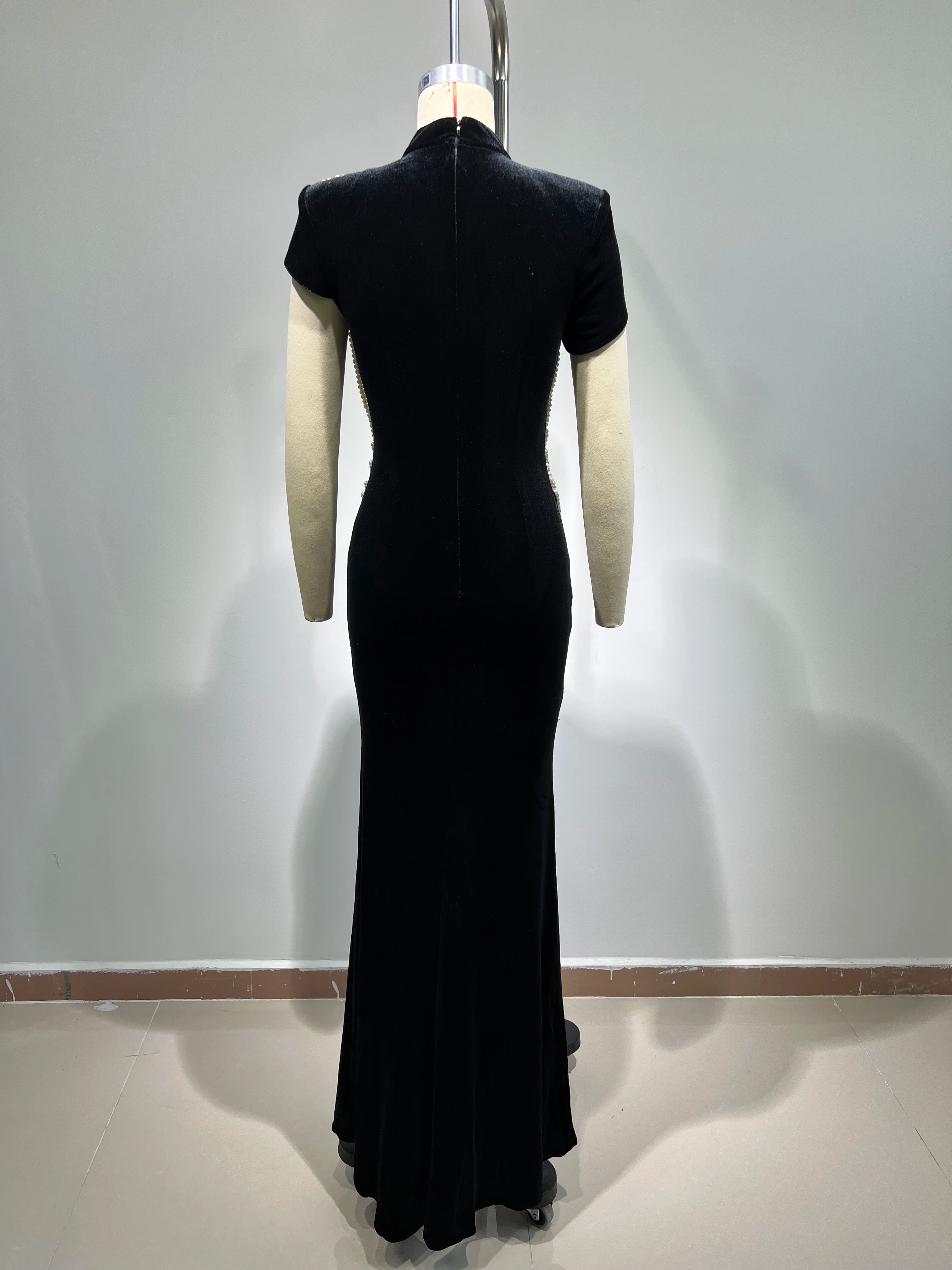 Pearl String Sexy Hollow Out Black Velvet Long Dress Elegant Woman Evening Party Dress Red Carpet Goddess Vestido