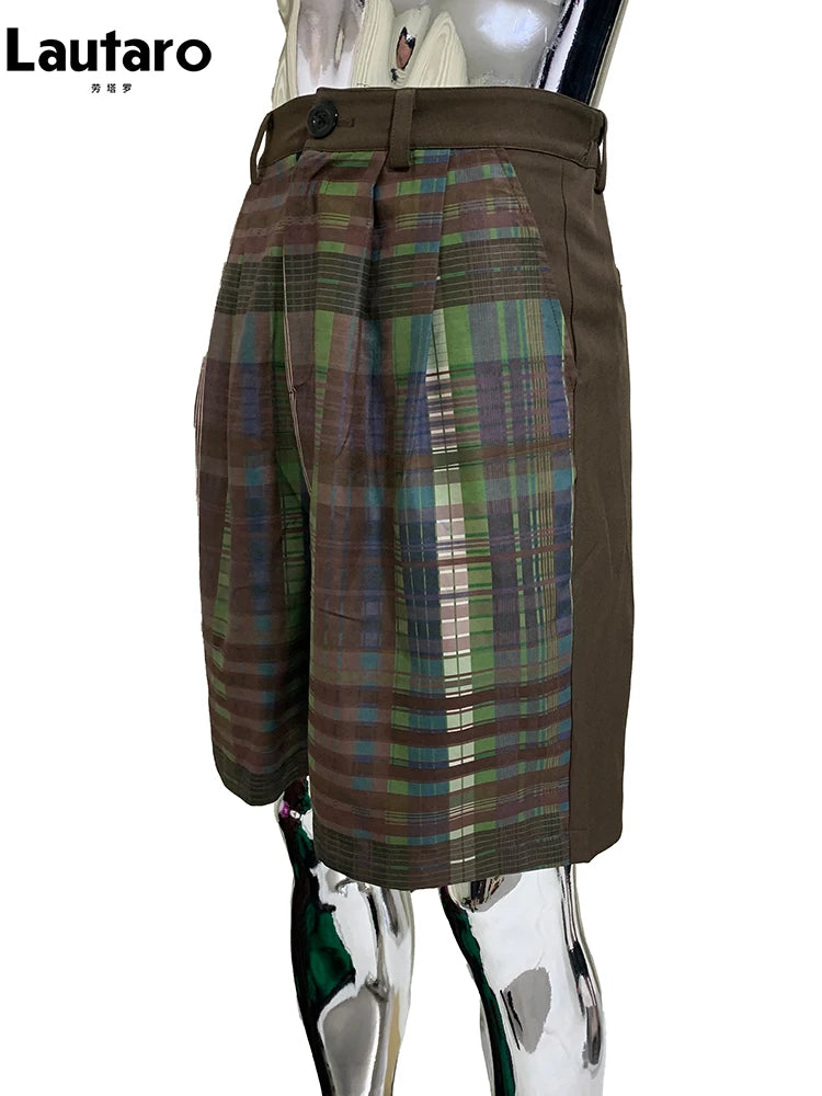 Lautaro Summer Autumn Loose Soft Thin Colorful Plaid Patchwork Shorts for Men Mens Knee Length Pants Luxury Designer Emo Clothes