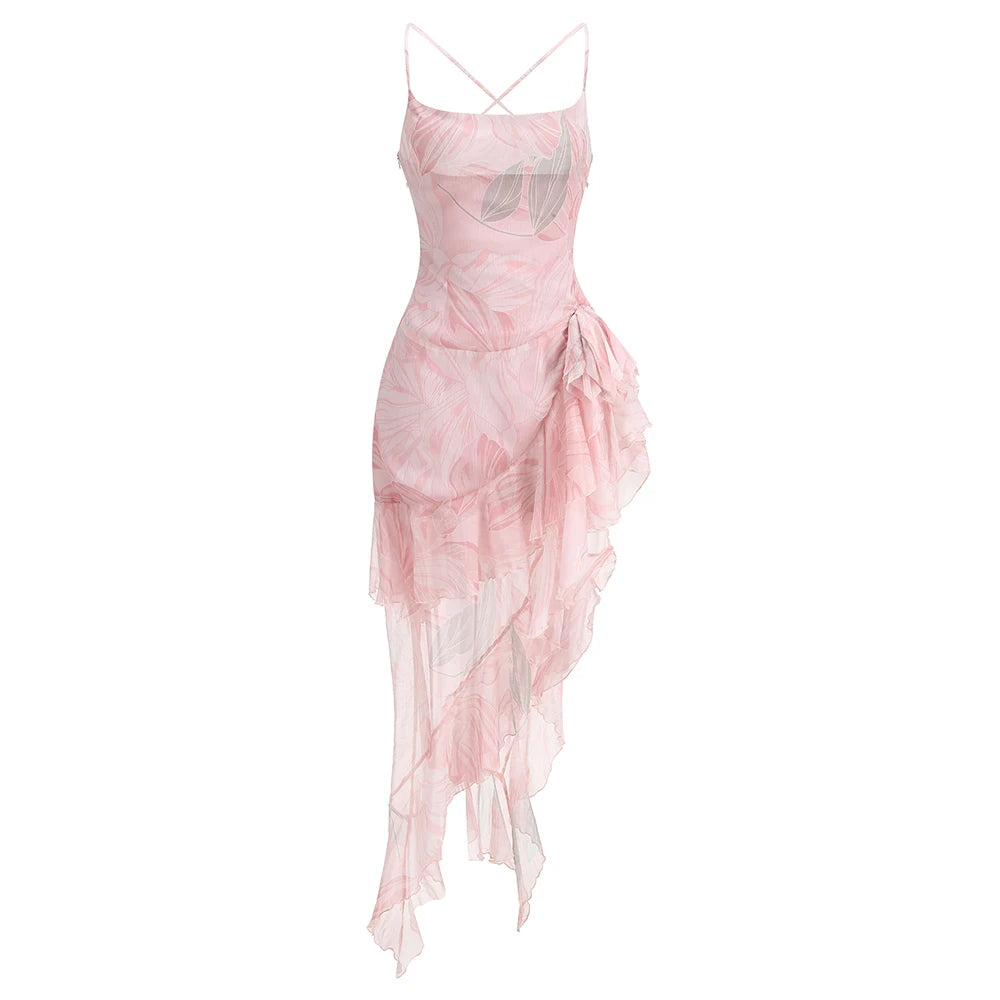 Floral-Print Ruffled Long Dress Pink Color Cowl Neck Spaghetti Straps Pleated Hem Strapless Maxi Cocktail Party Evening Gowns Pink