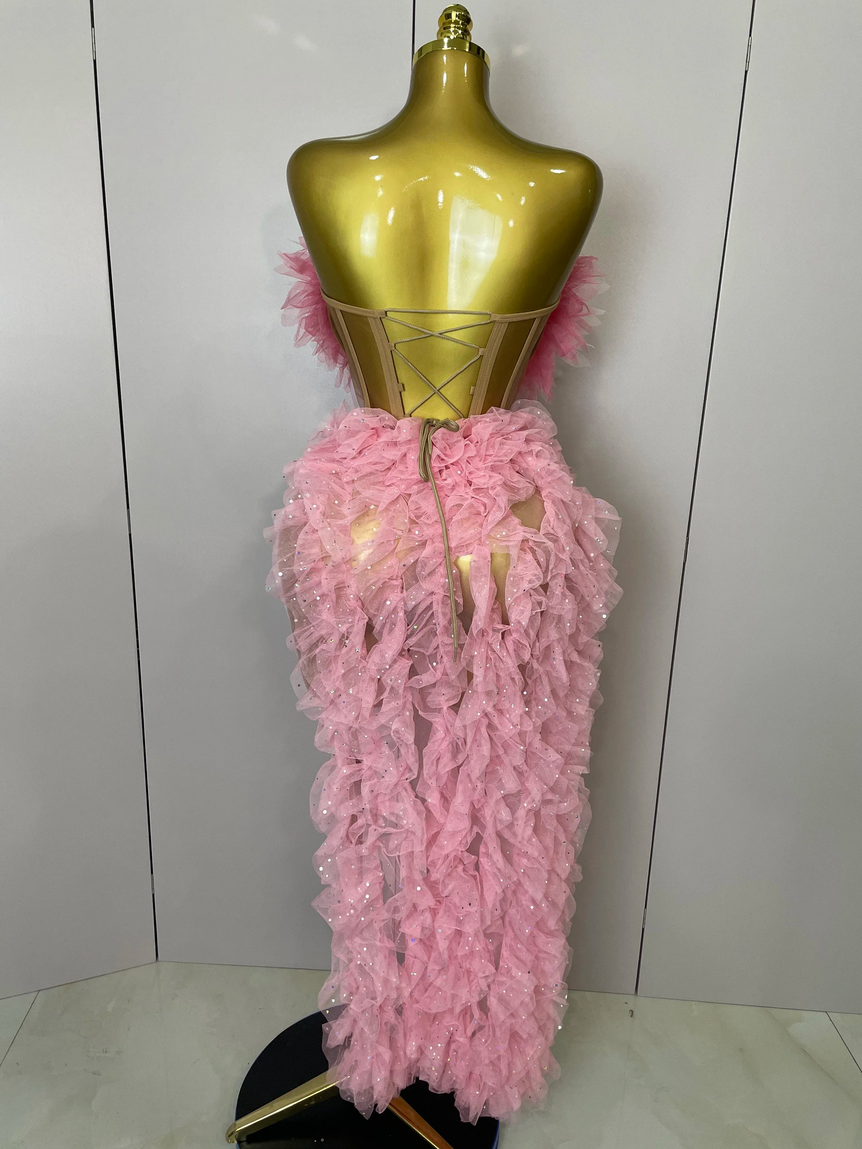 2025 Women Pink Ruffles Sexy Strapless Mini Tops 2 PCS Set Dress Nightclub Bar Birthday Party Evening Stage Performance Costume