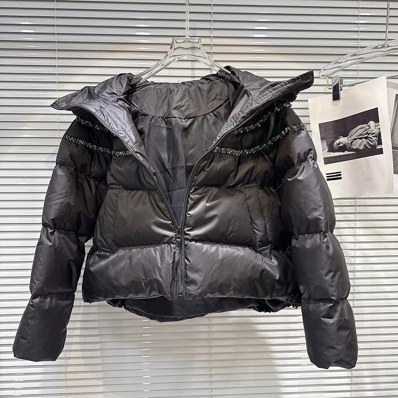 Winter New Heavy Industry Diamond Edge Pleated Hooded Warm Jacket For Women Loose Cotton-padded Coat Female 11A07830