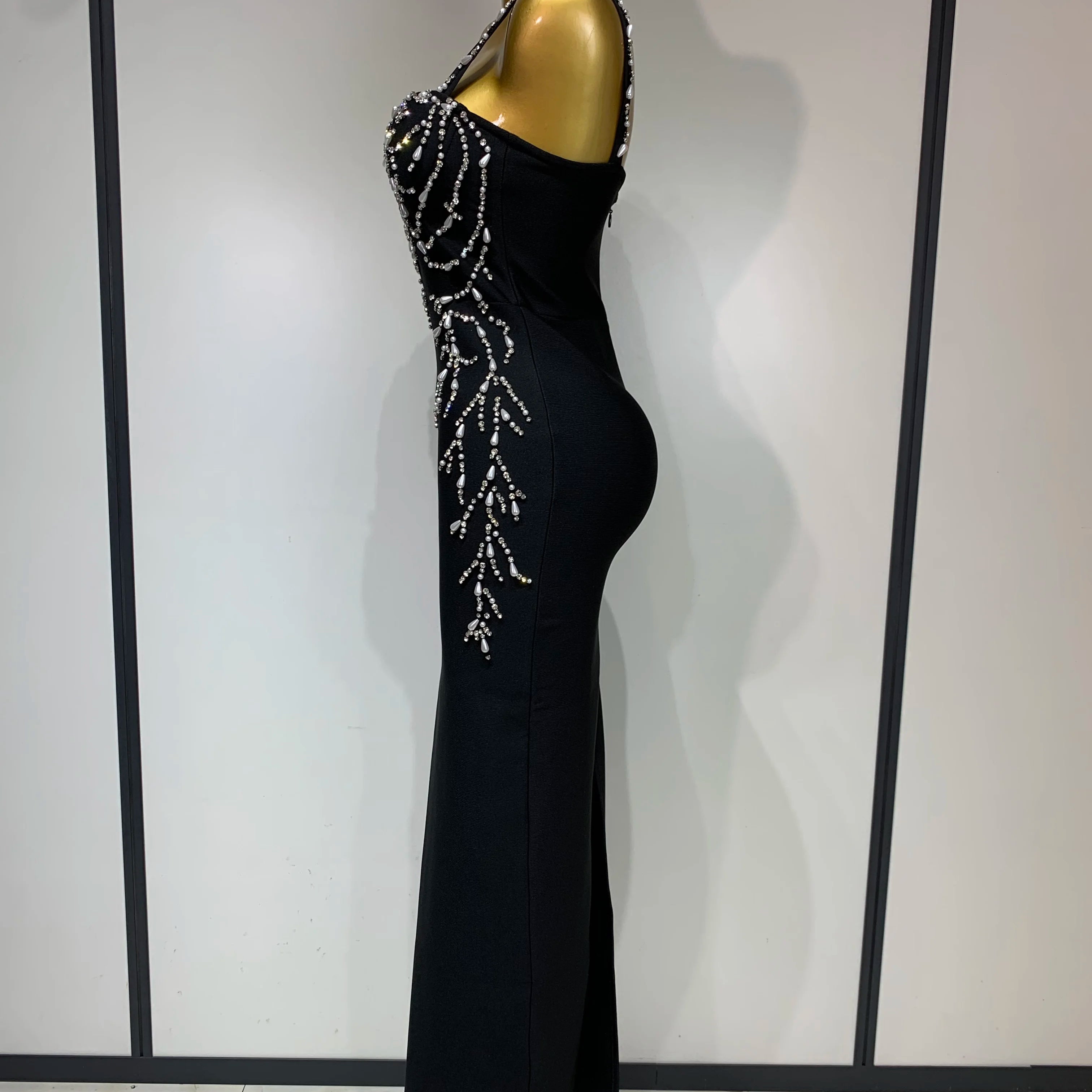 Women Sexy V Neck Black Beading Maxi Long Bodycon Bandage Dress 2025 Celebrity Elegant Evening Club Party Luxury Birthday Dress
