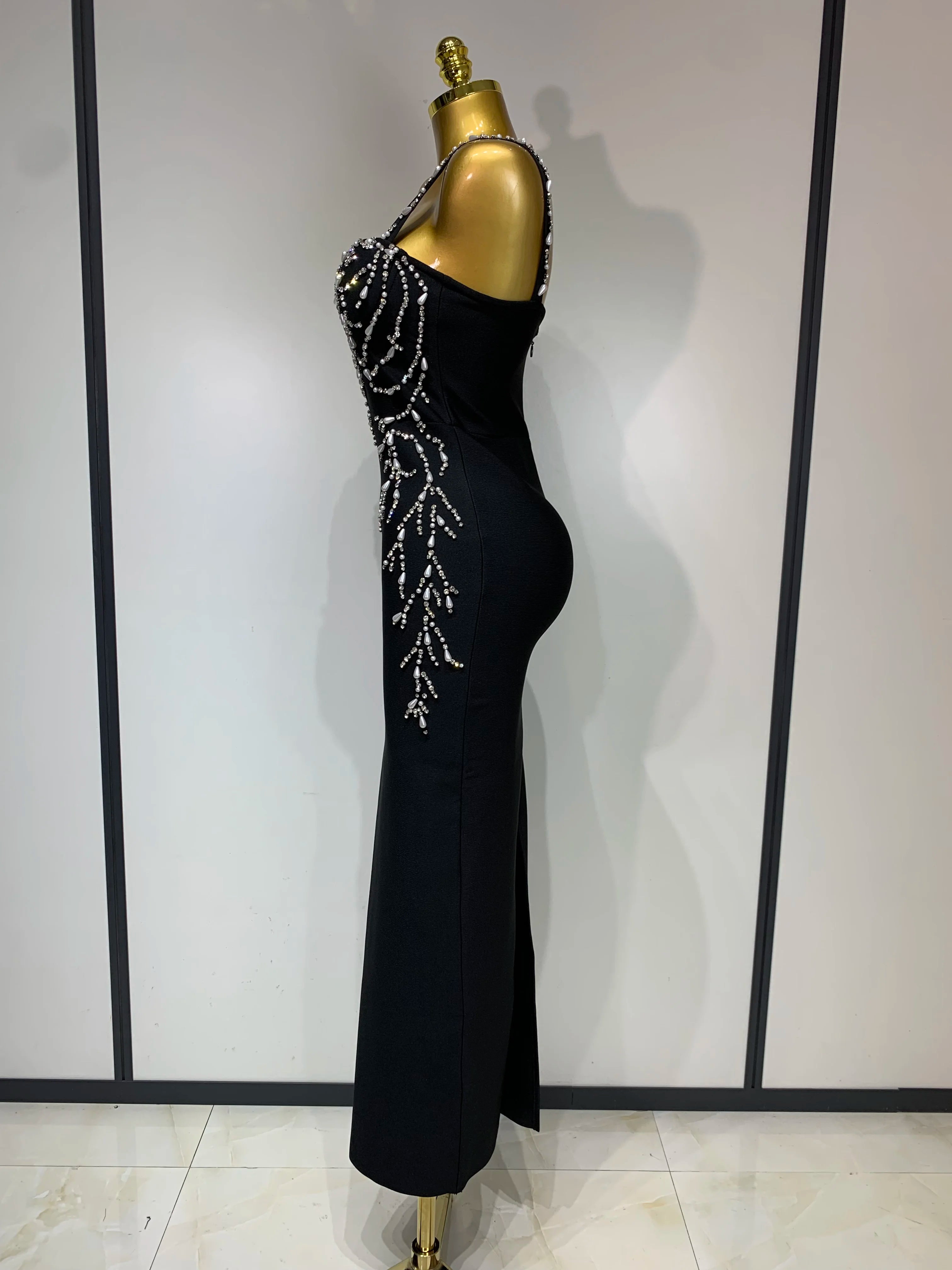 Women Sexy V Neck Black Beading Maxi Long Bodycon Bandage Dress 2025 Celebrity Elegant Evening Club Party Luxury Birthday Dress