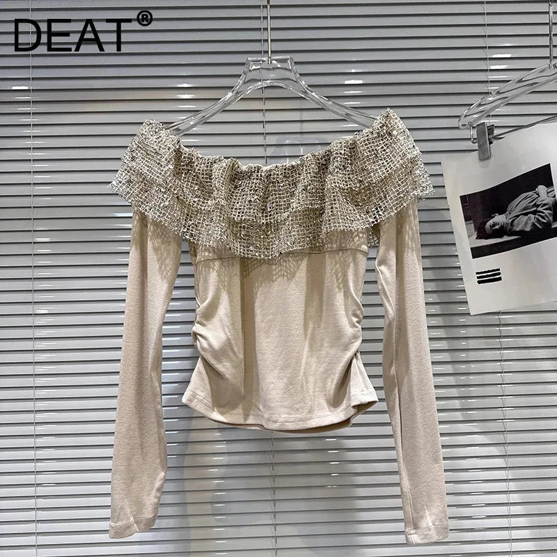 Winter New Fashion Sequin Hollow Layered Collar Long Sleeve T-Shirt For Women Slim Fit Off-shoulder Tops 11A07713